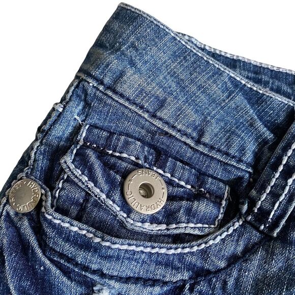 Vintage Hydraulic Distressed Denim Blue Jean Flap Pocket Micro Mini Skirt Sz 7/8 - Picture 9 of 14